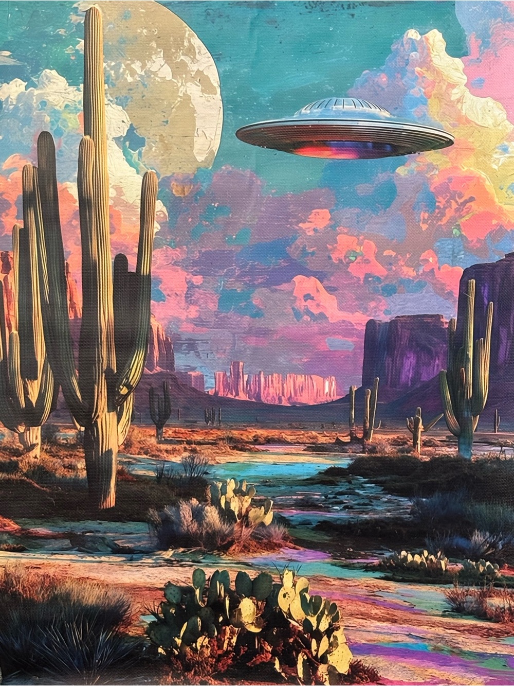 Vintage Canvas RETRO UFO DESERT Graphic Print Art 12x16 Sci-Fi Surrealist Decor